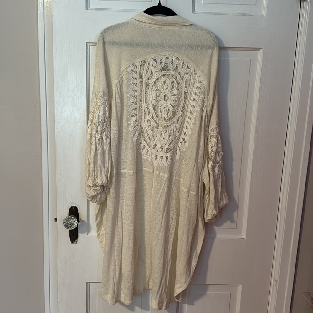 Free People Button Up Oversized Cream Color Shirt with Embroidered Front/Back - Picture 10 of 13